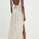 Model Nou de rochie in bumbac culoarea bej, maxi, evazati
