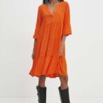 Model Nou de rochie culoarea portoctiu, ini, drept
