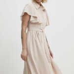 Model Nou de rochie culoarea bej, midi, evazati
