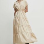 Model Nou de rochie culoarea bej, maxi, evazati