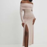 Model Nou de rochie culoarea bej, midi, evazati