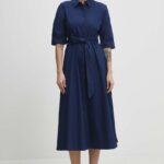 Model Nou de rochie in bumbac culoarea albastru main, maxi, evazati