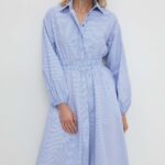Model Nou de rochie in bumbac culoarea albastru main, ini, evazati