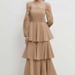 Model Nou de rochie culoarea bej, maxi, evazati