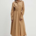 Model Nou de rochie in bumbac culoarea bej, maxi, evazati