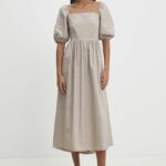 Model Nou de rochie in bumbac culoarea bej, midi, evazati