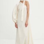 Model Nou de rochie in bumbac culoarea bej, maxi, evazati