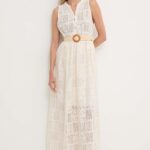 Model Nou de rochie in bumbac culoarea bej, maxi, evazati