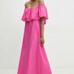 Model Nou de rochie in bumbac culoarea roz, maxi, evazati