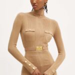 Elisabetta Franchi pulover din amestec de matase culoarea bej, light, cu guler, MK11B46E2