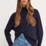 Marella pulover din amestec de lana femei, culoarea albastru marin, cu turtleneck, 2423366184200