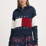 Tommy Jeans pulover din amestec de lana femei, culoarea albastru marin, calduros, DW0DW18677