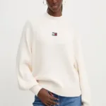 Tommy Jeans pulover de bumbac culoarea bej, cu turtleneck, DW0DW19912