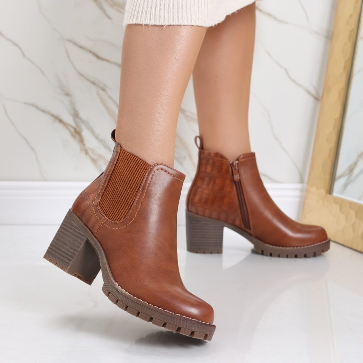 Botine Dama Imblanite Camel din Piele Ecologica Afyfa - imagine 2
