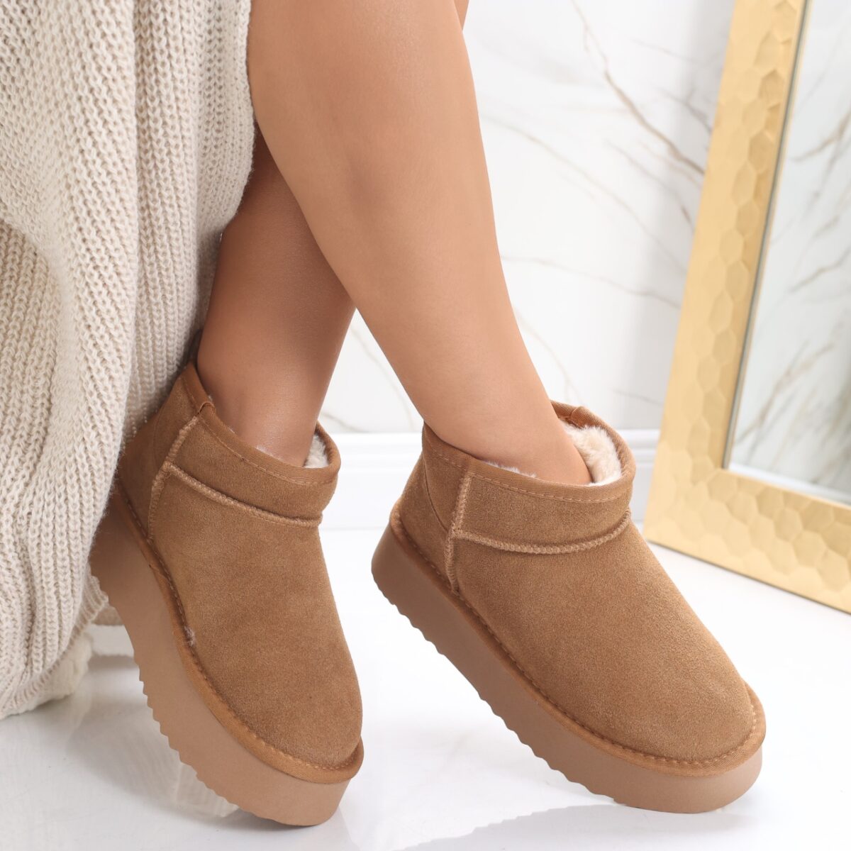 Cizme Dama Imblanite Camel din Piele Naturala Intoarsa Zirana - imagine 2