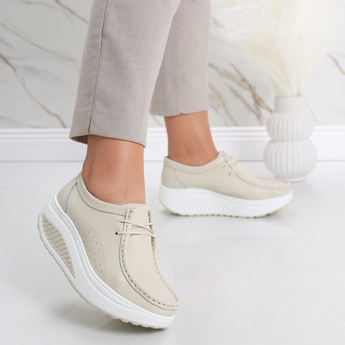 Pantofi dama casual Bej din Piele Naturala Oscara - imagine 2