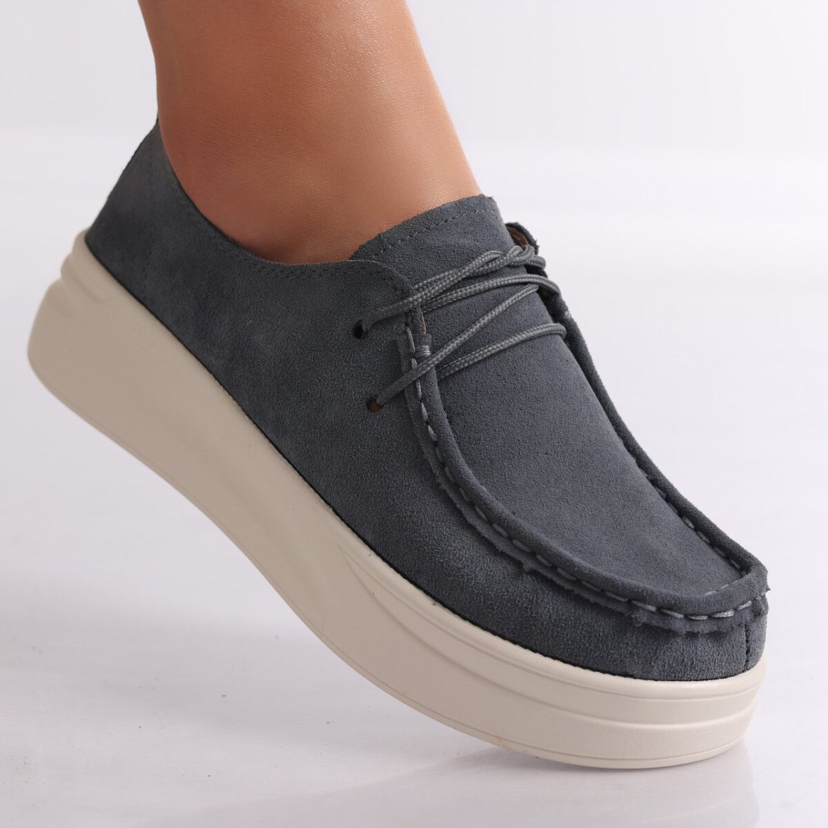 Pantofi dama casual Gri din Piele Naturala Intoarsa Derina - imagine 2