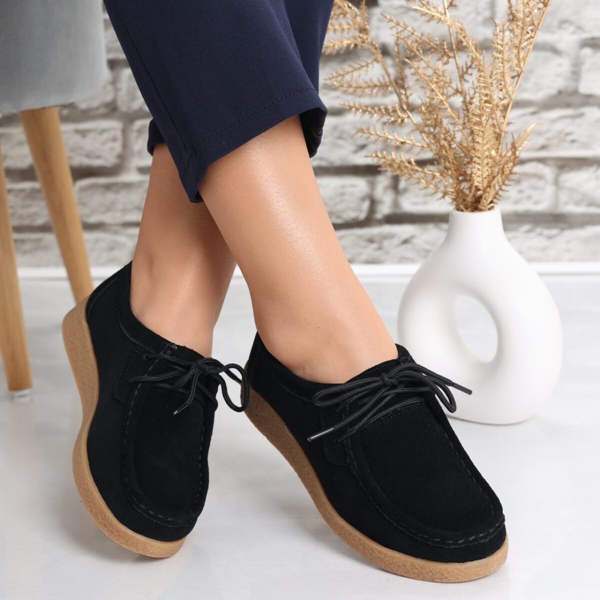 Pantofi dama casual Negri din Piele Naturala Intoarsa Alenasa - imagine 2