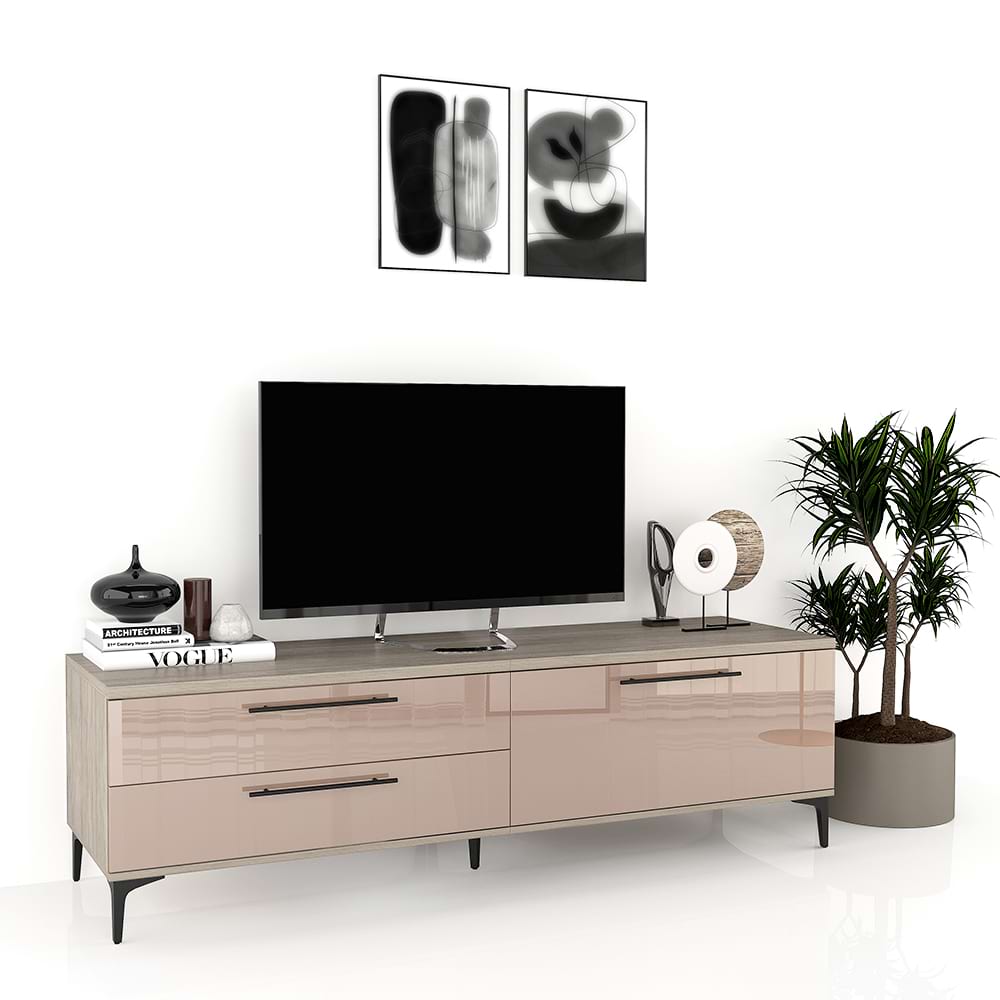 Comoda-TV-CUBO-B180-Oak-Cappuccino-Gloss Comoda TV CUBO 180, 1U2S, Italian, Oak, Cappuccino Gloss - imagine 1