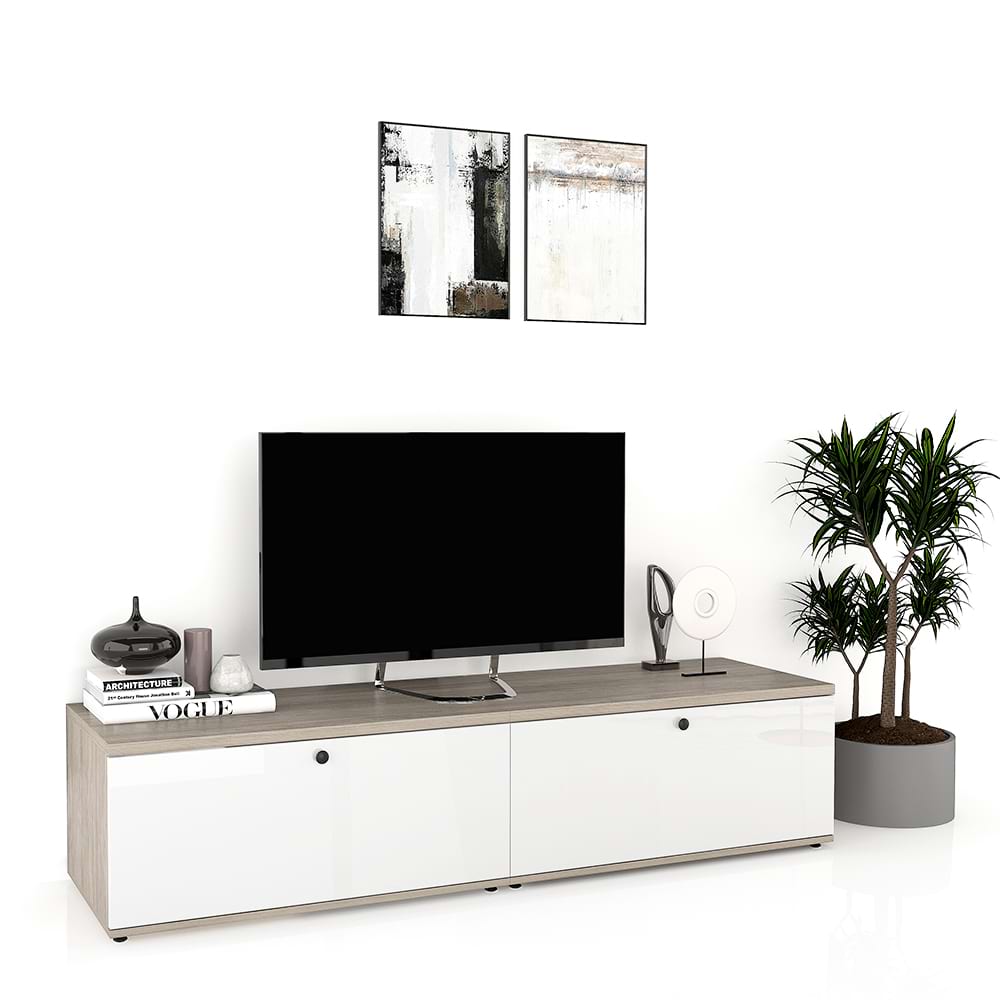 Comoda-living-CUBO-180-2u-Clasic-Oak-Alb-Gloss Comoda TV living CUBO 180, 2U, Clasic, Oak, Alb Gloss - imagine 1