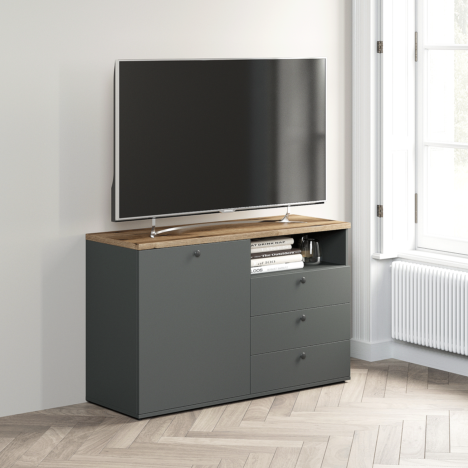 Comoda-tv-PRIMAVERA-120-1U3S-Antracit-Stejar Comoda TV PRIMAVERA, 120x42, H76, 1U3S, Antracit, Stejar - imagine 1