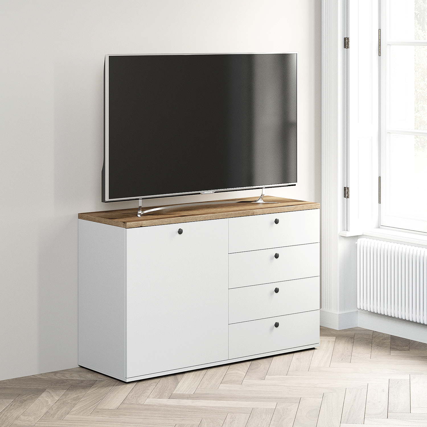 Comoda-tv-PRIMAVERA-120-1U4S-Alb-Stejar Comoda TV PRIMAVERA, 120x42, H76, 1U4S, Alb, Stejar - imagine 1