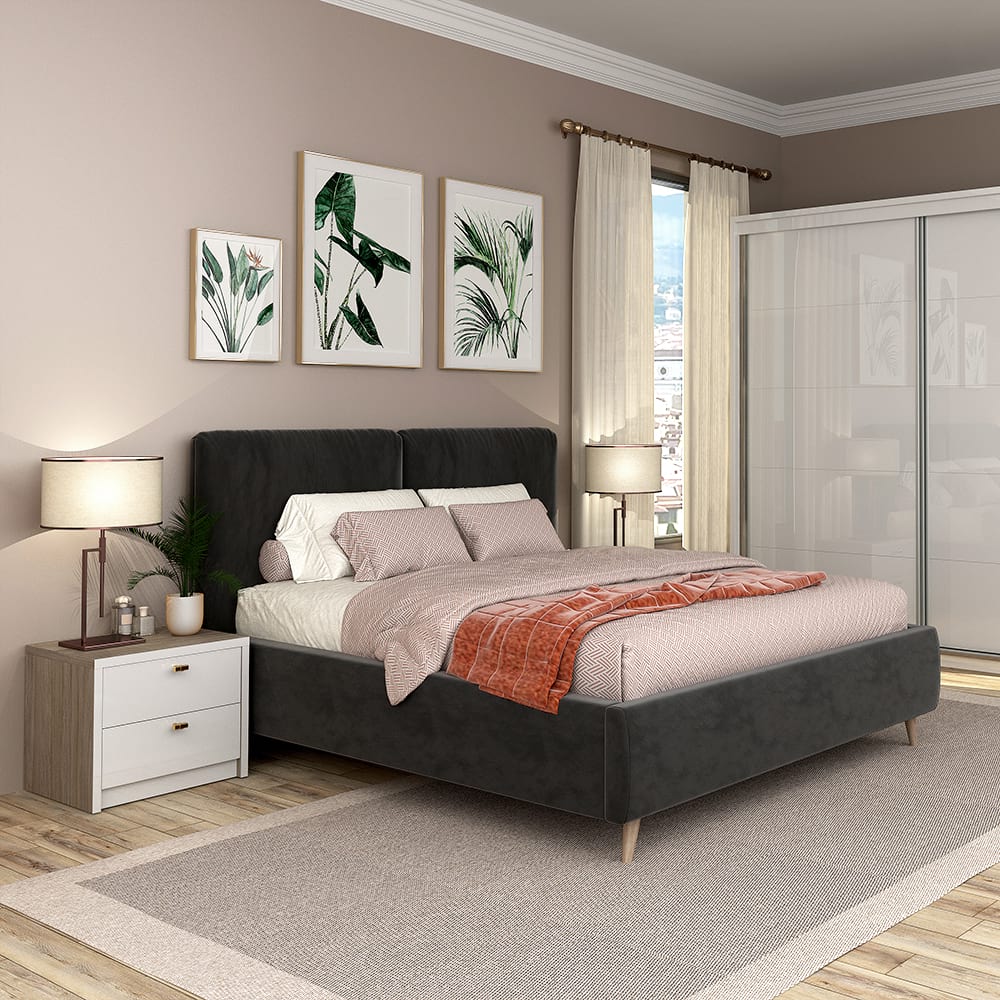 Dormitor-MONTELLO-1-Oak-Alb-gloss-pat-tapitat-catifea-Gri-mic Dormitor MONTELLO 1, Oak, Alb Gloss, pat tapitat catifea Gri - imagine 1