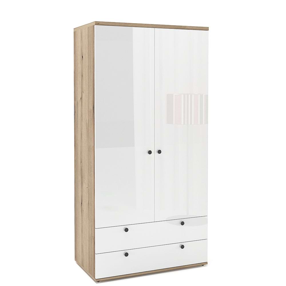 Dulap-Primavera-90-H180-2U2S-BH-polite-Stejar-Alb-Gloss_ot10-mh Dulap haine PRIMAVERA 90, H180, 2U2S, bara umerase, Stejar, Alb Gloss - imagine 1