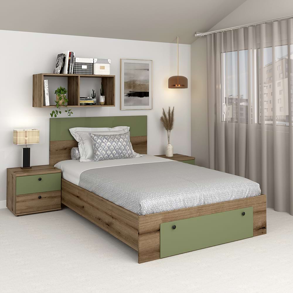 Pat-AMBRO-de-copii-cu-sertar-frontal-Stejar-Pesto Pat copii AMBRO, 90x200, sertar frontal, Stejar, Pesto - imagine 1
