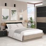 Pat matrimonial PRIMAVERA, suport saltea, Oak, Catifea Neagra