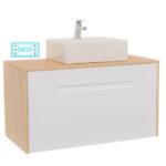 Set Baza front MDF si Lavoar seria 401, suspendata cu sertare, 90 cm, alb + fag