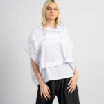 Bluza alba asimetrica, extravaganta, din bumbac satinat