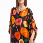 Bluza amestec matase cu vascoza, imprimeu pictural cu flori galbene delicate