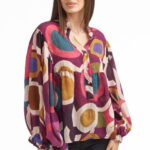 Bluza lejera multicolora cu imprimeu geometric din tencel
