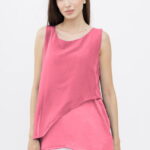 Bluza asimetrica in colturi din matase si vascoza si bumbac fara maneci, roz