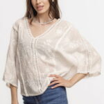 Bluza brodata cu maneca fluture din dantela de bumbac, bej
