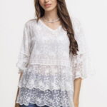 Bluza brodata cu volane din dantela de bumbac, alba