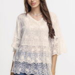 Bluza brodata cu volane din dantela de bumbac, bej