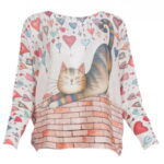 Bluza cu maneca lunga fluture si imprimeu pisica bonoma cu inimi