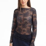 Bluza dama din dantela eleganta ,   bluza transparenta chic bleumarin