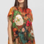 Bluza de vara tip poncho din matase cu imprimeu floral pictural