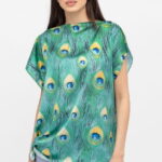 Bluza de vara tip poncho din matase cu imprimeu coada de paun
