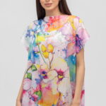 Bluza de vara tip poncho din matase cu imprimeu aquarela floral