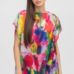 Bluza de vara tip poncho din matase cu imprimeu floral pensulat