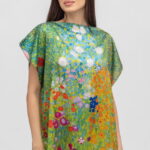 Bluza de vara tip poncho din matase cu imprimeu camp cu maci