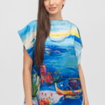Bluza de vara tip poncho din matase cu imprimeu marin cu barca