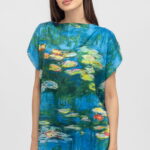 Bluza de vara tip poncho din matase cu imprimeu reproducere dupa    Nuferii   de Claude Monet