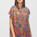 Bluza de vara tip poncho din matase cu reproducere dupa pictura lui Kandinski, cercuri mici