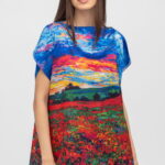 Bluza de vara tip poncho din matase imprimata cu reproduceri dupa picturi celebre cu motive florale