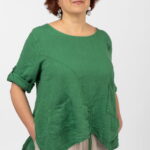 Bluza din in verde, asimetrica, cu siret pe fata